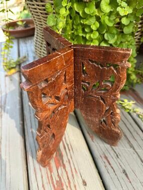 Vintage Hand Carved Wood 3 Leg Folding Stand plant pot birds Scroll Work Hinged
